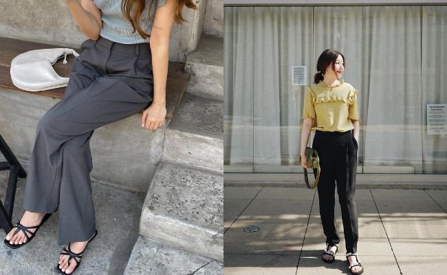Quần ống rộng và sandals đế bệt thoải mái