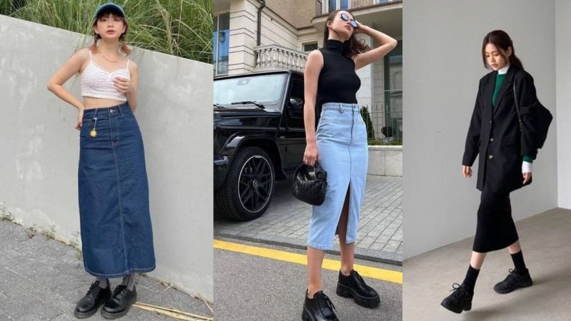 Quý cô thanh lịch với chân váy bò dài và giày Oxford