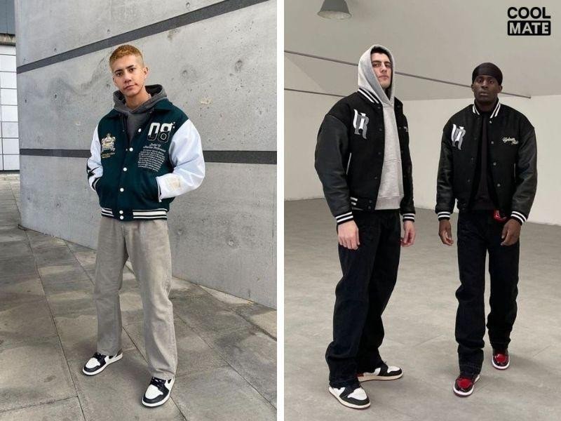 Set đồ phối giày Jordan cùng áo khoác varsity jacket và quần kaki năng động