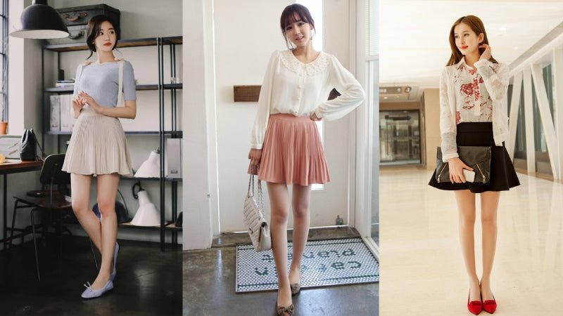 Set đồ thanh lịch với chân váy ngắn kẻ caro và giày búp bê đế bằng màu nude