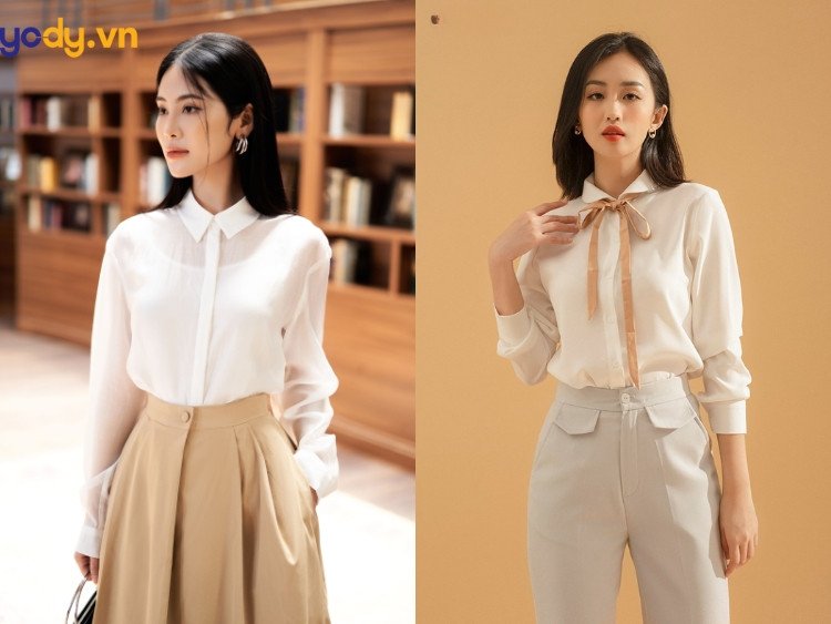 Sơ mi cổ đức kết hợp giày sục nữ
