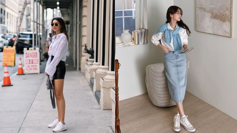Sơ mi trắng cùng chân váy jean và giày thể thao trắng, tạo phong cách năng động nhưng vẫn thanh lịch.