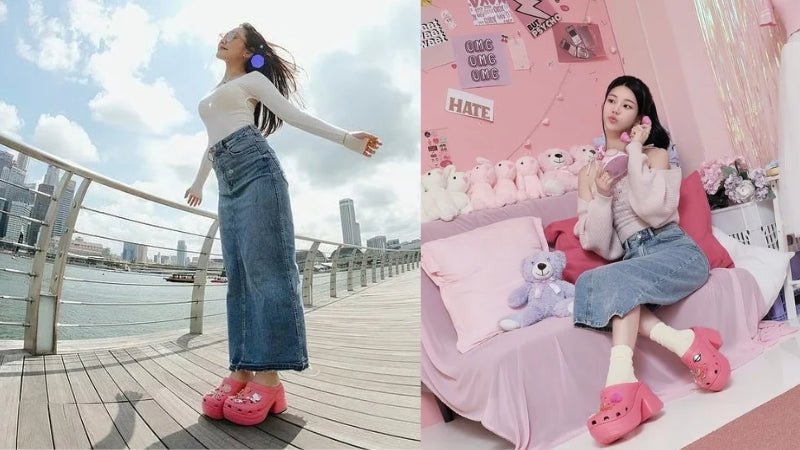 Sự kết hợp độc đáo giữa chân váy bò dài và Crocs