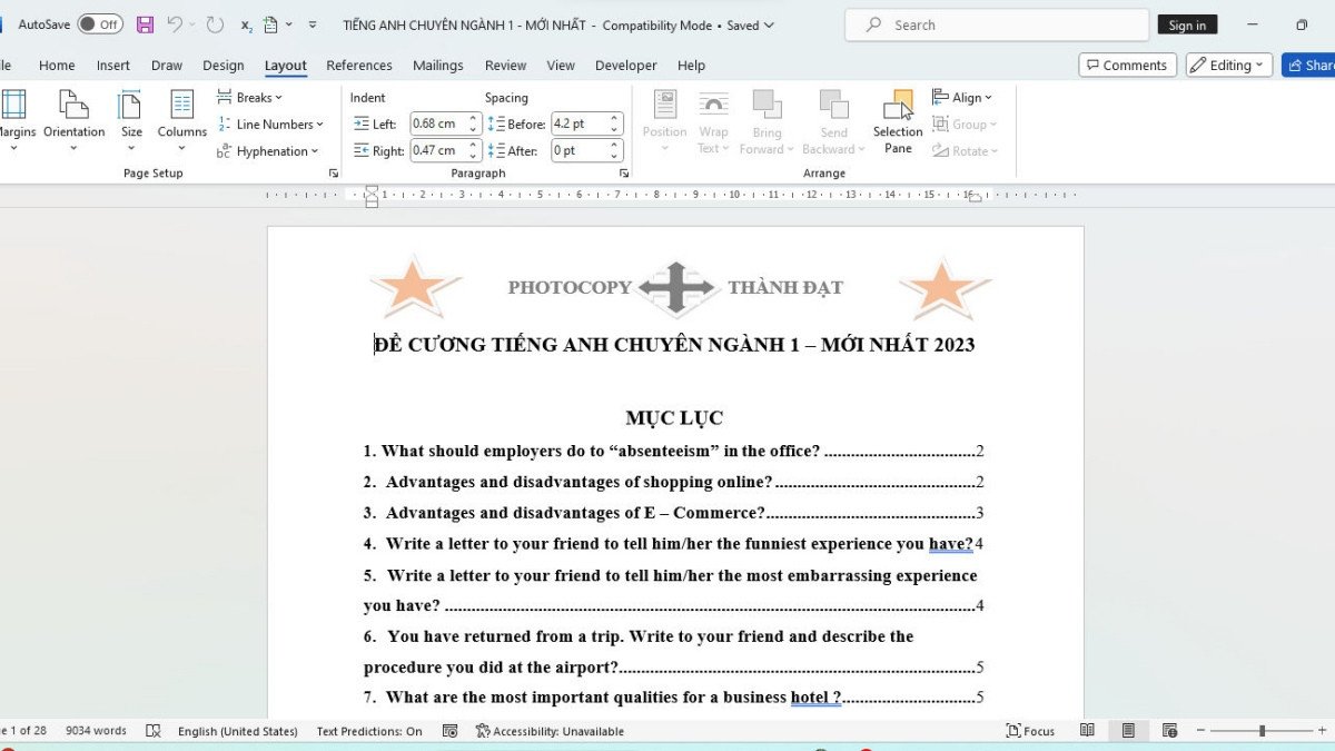 Thao tác chọn thẻ Layout và mũi tên Page Setup trong Word để chuẩn bị in file vừa khổ A4