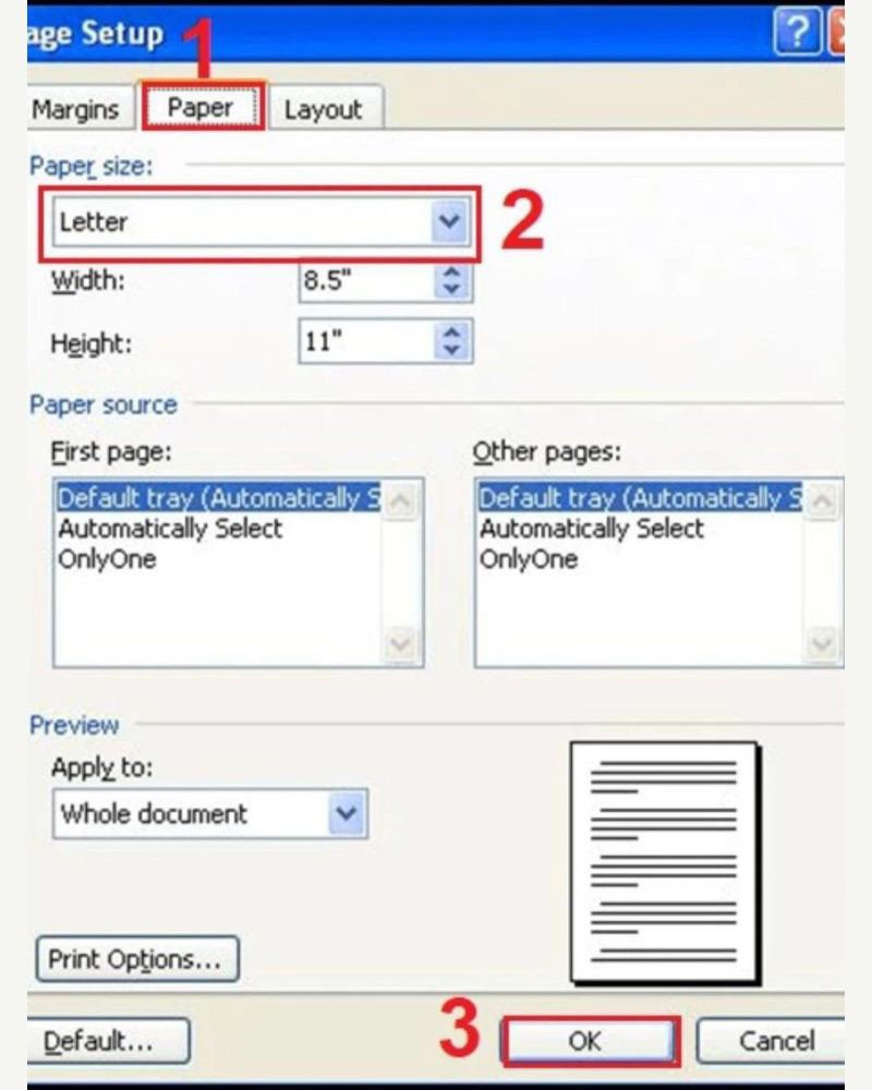 Thiết lập khổ giấy A4 chuẩn trong hộp thoại Page Setup của Word