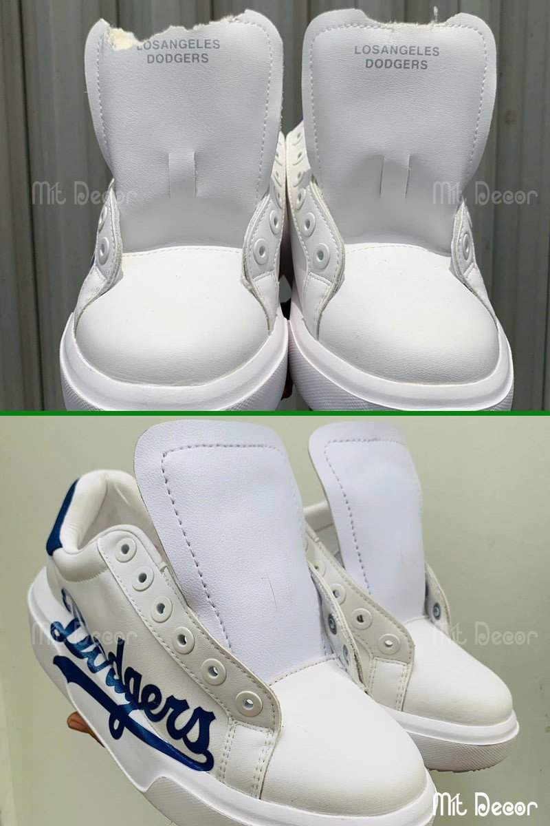 Thợ chuyên nghiệp đang thay da giày sneaker bị bong tróc, làm mới phần upper