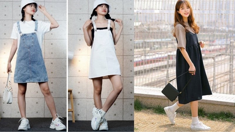 Thời trang trẻ trung khi phối giày thể thao trắng nữ với quần yếm denim