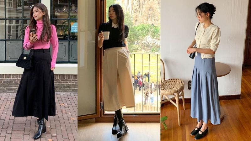 Tổng hợp các mẫu giày đa dạng như loafer, boot, oxford kết hợp ăn ý với chân váy dài.