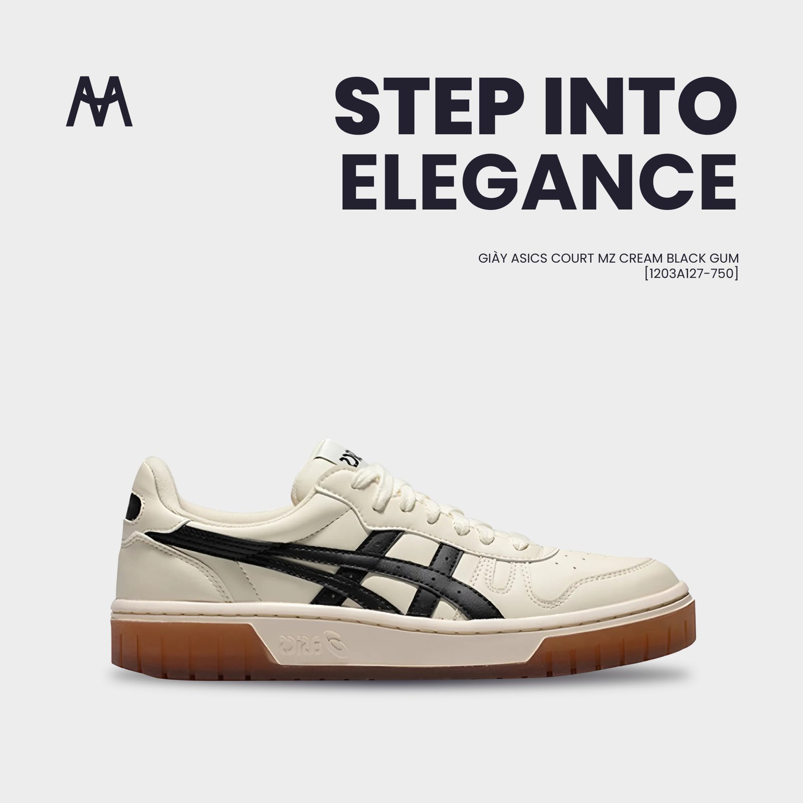 Tổng quan giày Asics Court MZ Cream Black Gum trên nền đen tôn lên vẻ đẹp cổ điển