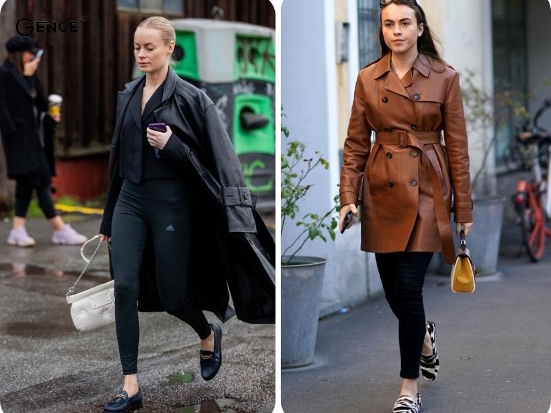 Trang phục áo khoác dài nâu, quần legging đen và giày lười nữ, cách phối đồ với giày lười nữ mùa đông ấm áp