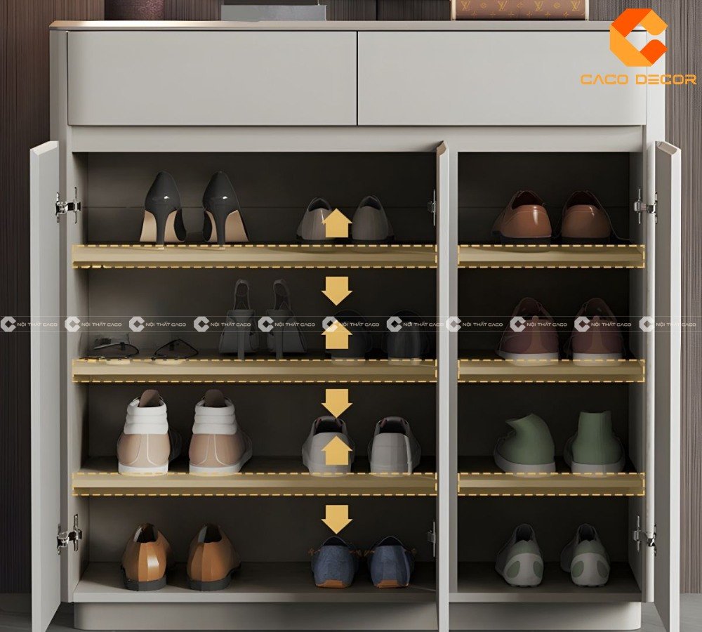Tủ giày dép hiện đại với nhiều ngăn chứa, tối ưu cho việc sắp xếp giày dép gọn gàng