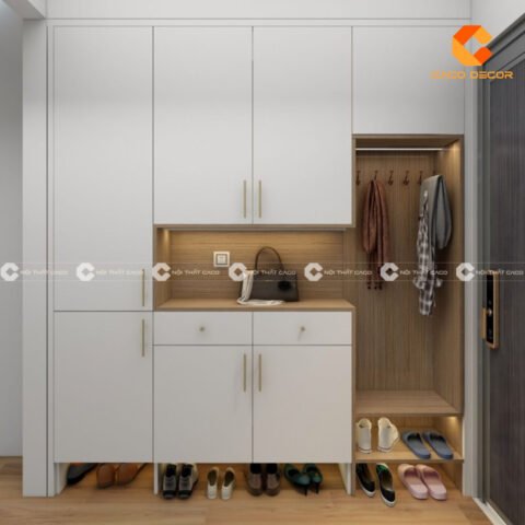 Tủ giày kịch trần bằng gỗ công nghiệp với tông màu trắng trang nhã, hiện đại