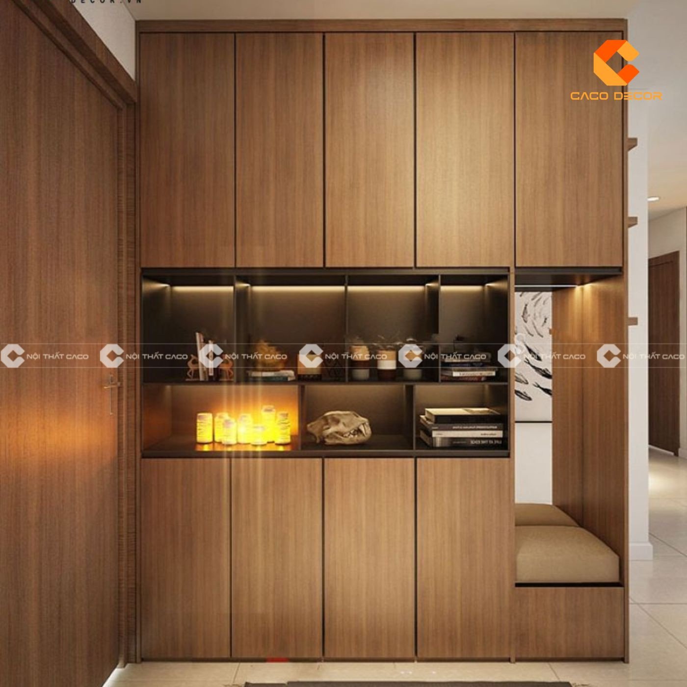 Tủ giày kịch trần đẹp với gam màu gỗ tự nhiên ấm áp, tinh tế
