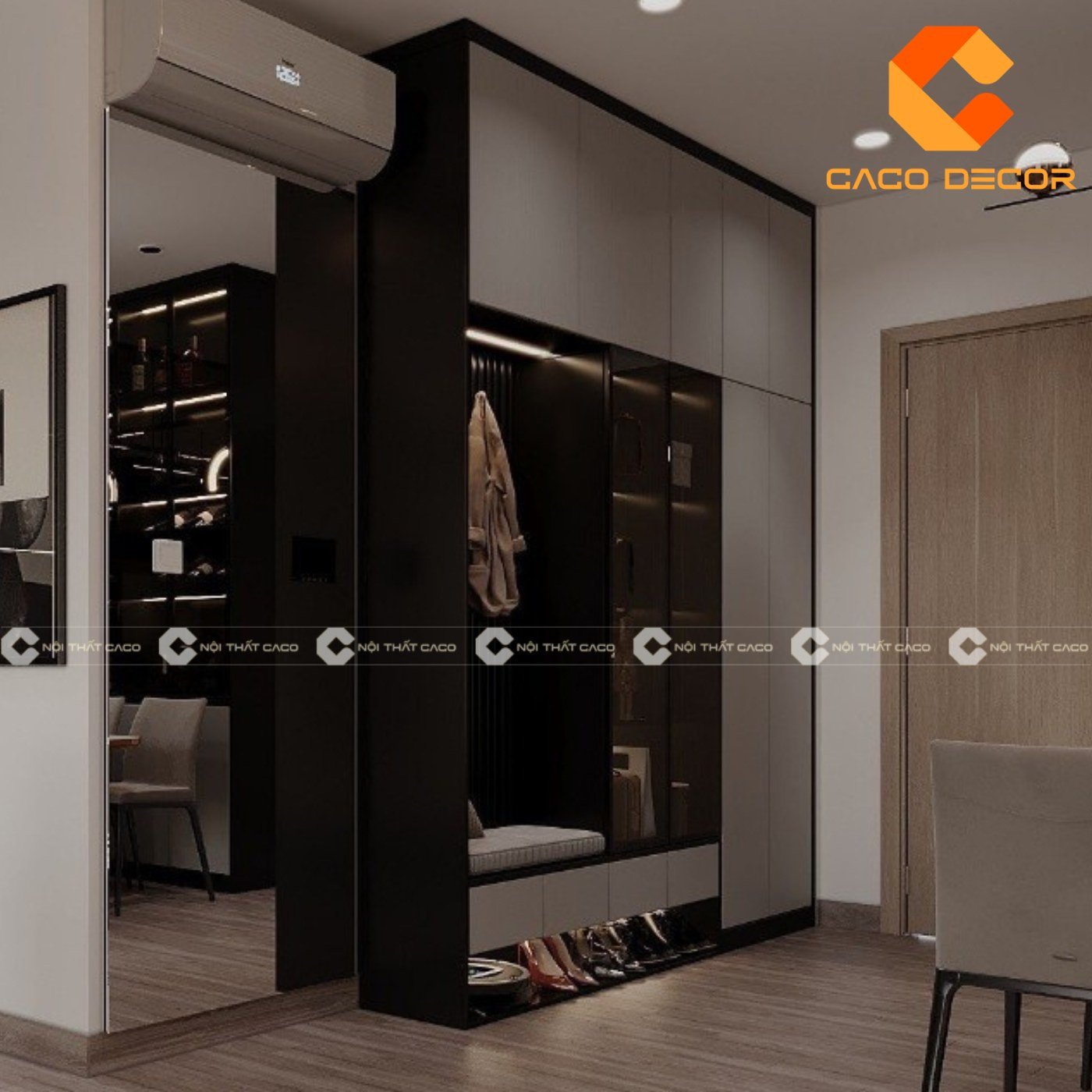 Tủ giày kịch trần màu gỗ xám đen với khu vực ghế ngồi tích hợp