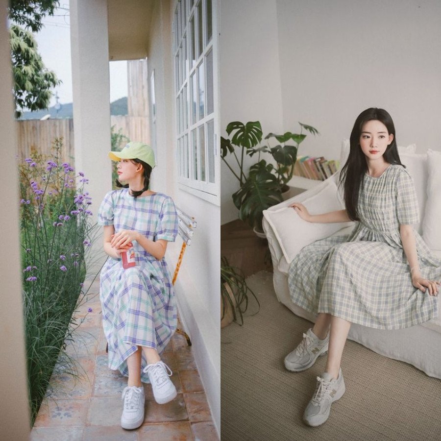 Váy caro cổ điển phối cùng giày sneaker trẻ trung