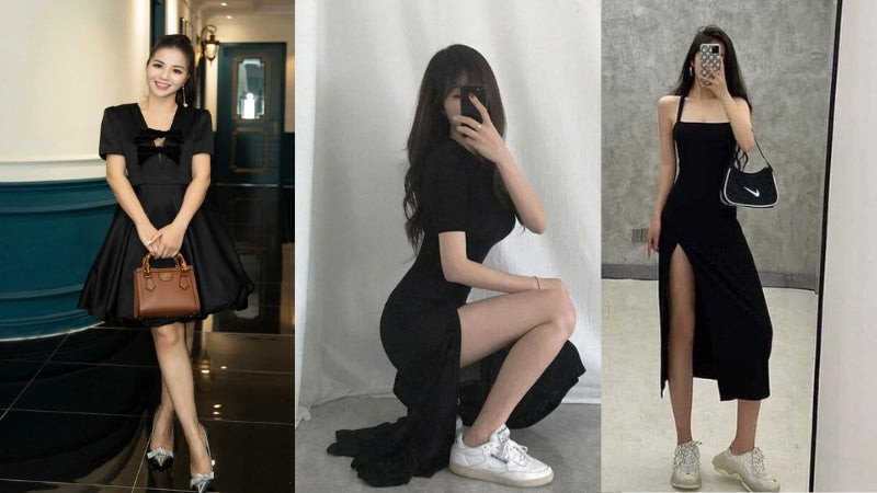 Váy đen cùng giày thể thao tone màu sáng trẻ trung