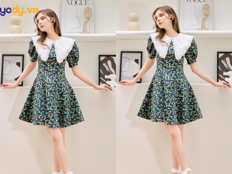 Váy sơ mi cổ yếm kết hợp giày sục nữ