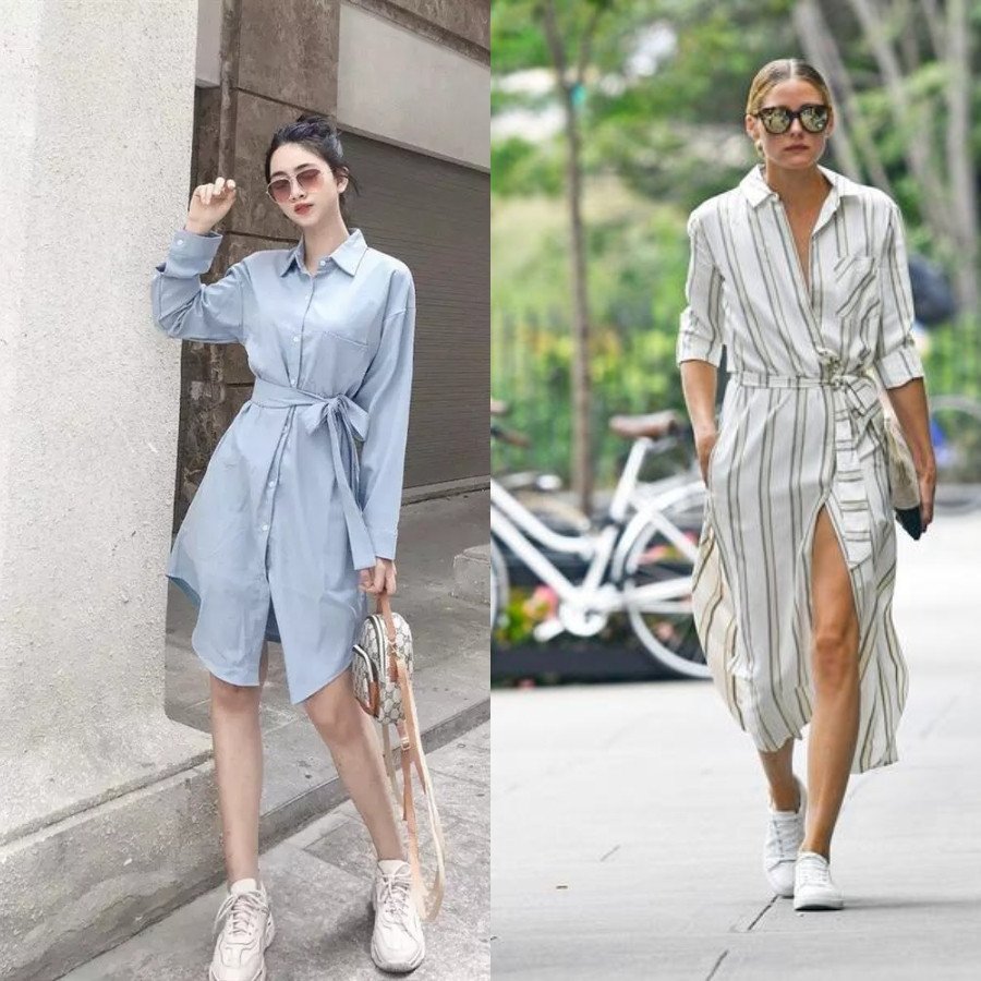 Váy sơ mi kết hợp giày sneaker tạo nét thanh lịch trẻ trung