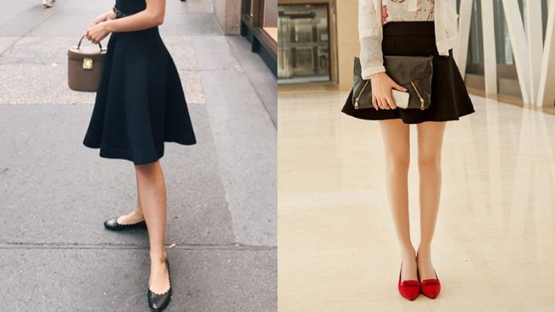 Váy xòe hoa nhí kết hợp giày búp bê đế bệt màu hồng pastel dịu dàng