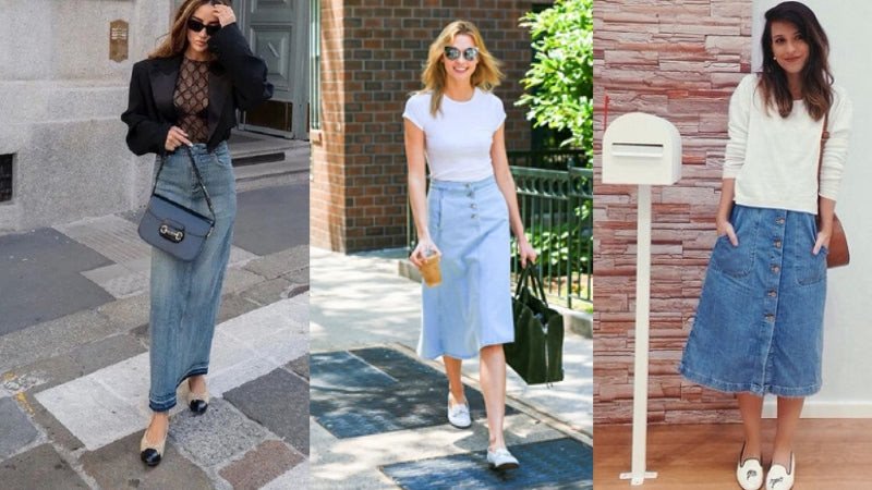 Vẻ dịu dàng khi mặc chân váy bò dài cùng giày búp bê