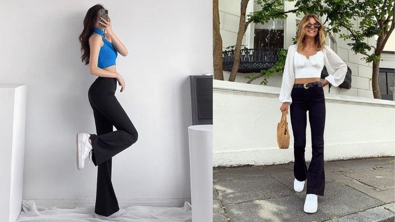 Vẻ ngoài cổ điển sành điệu với giày thể thao trắng nữ và quần ống loe