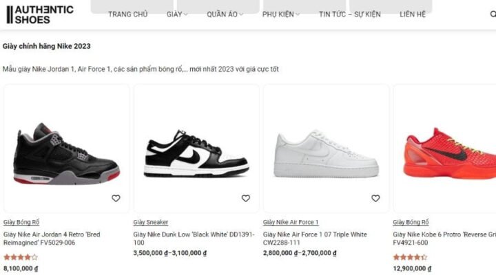 Website Authentic-shoes với các mẫu sneaker
